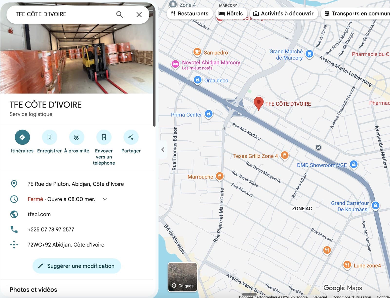 Fiche Google de TFE Côte d'Ivoire après la reprise, sur Google Maps, avec son adresse à Abidjan