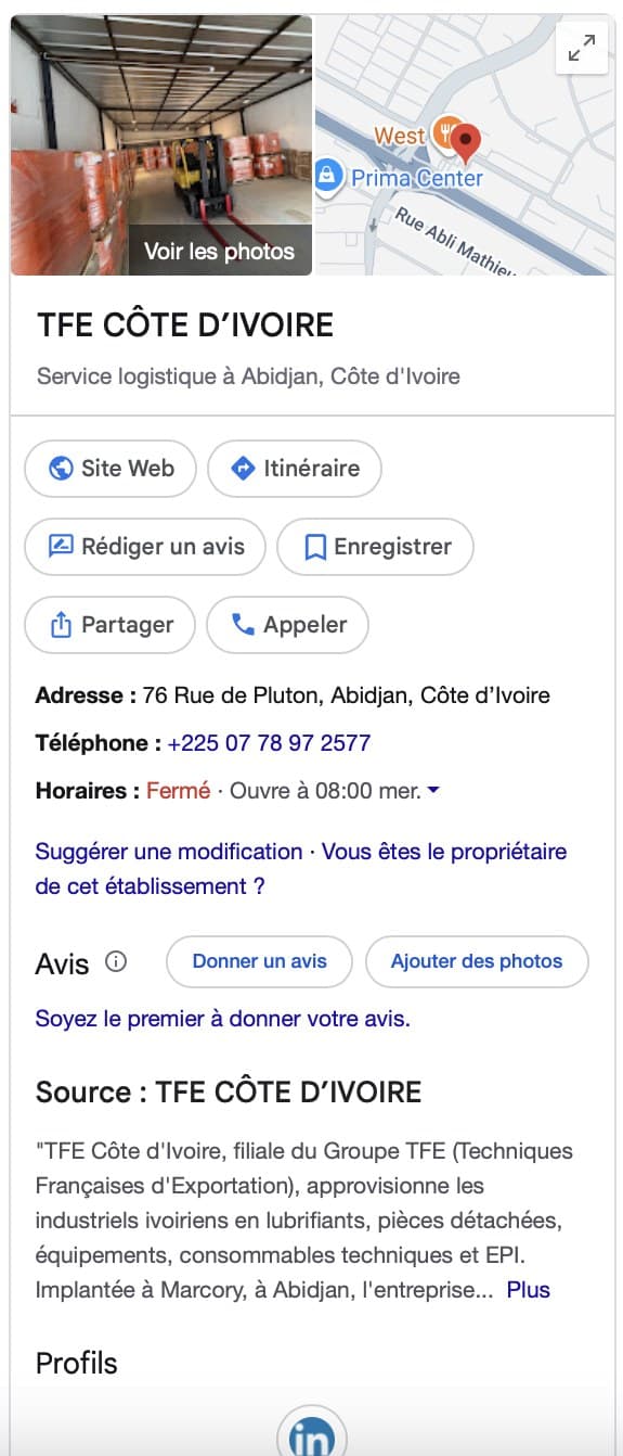 Fiche Google de TFE Côte d'Ivoire après la reprise, dans les résultats de recherche : adresse, téléphone, horaires, description