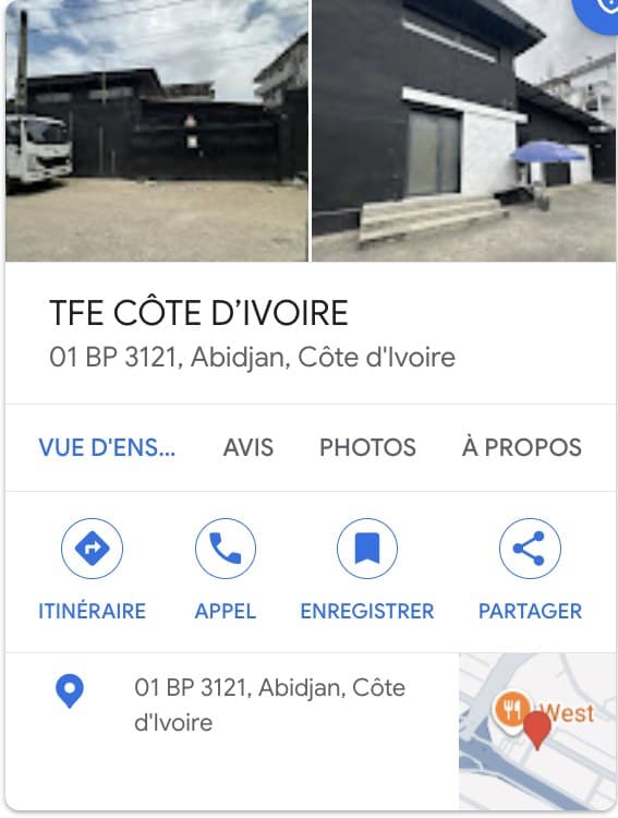 Fiche Google de TFE Côte d'Ivoire avant la reprise : deux photos et une adresse en boîte postale