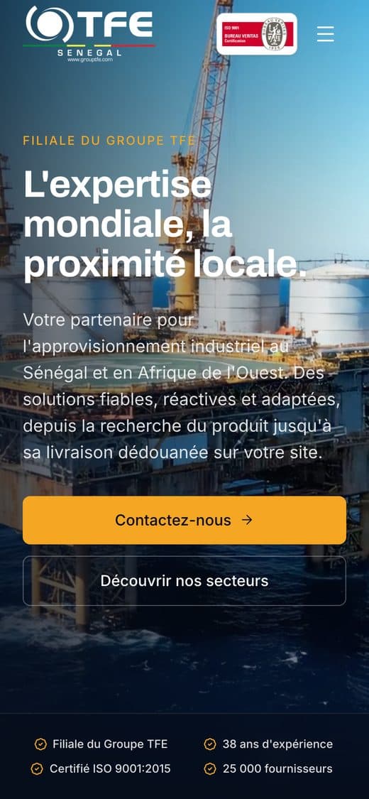Page d'accueil du site de TFE Sénégal sur téléphone