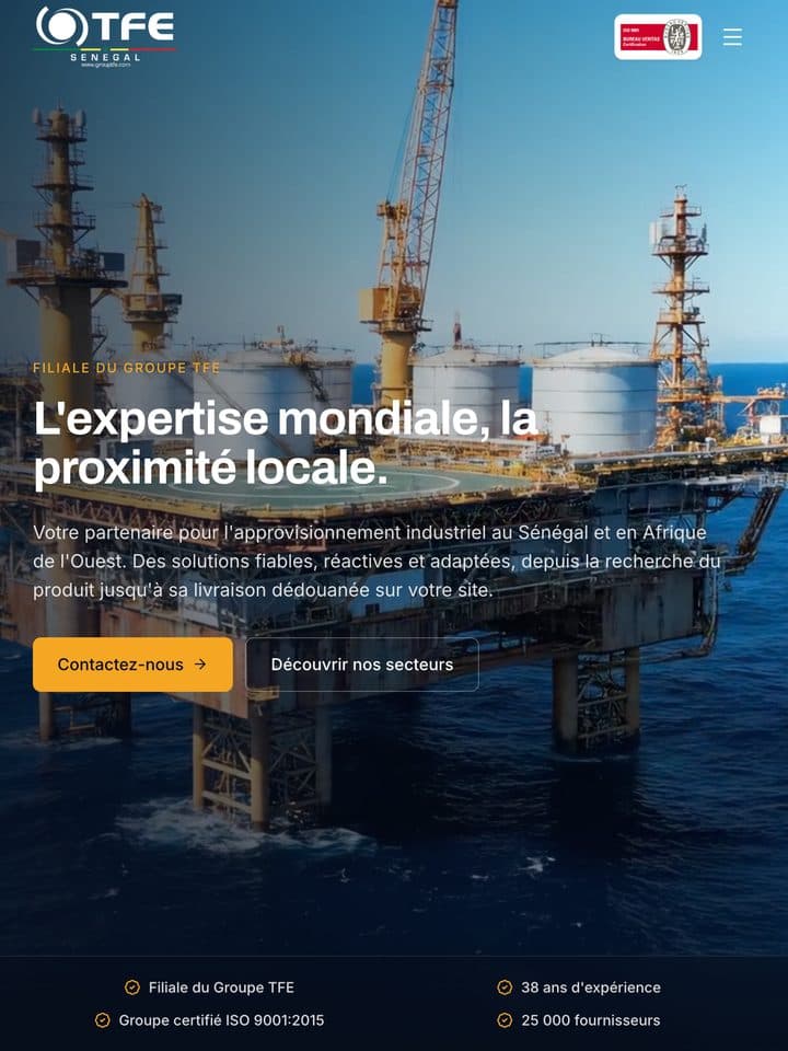 Page d'accueil du site de TFE Sénégal sur tablette