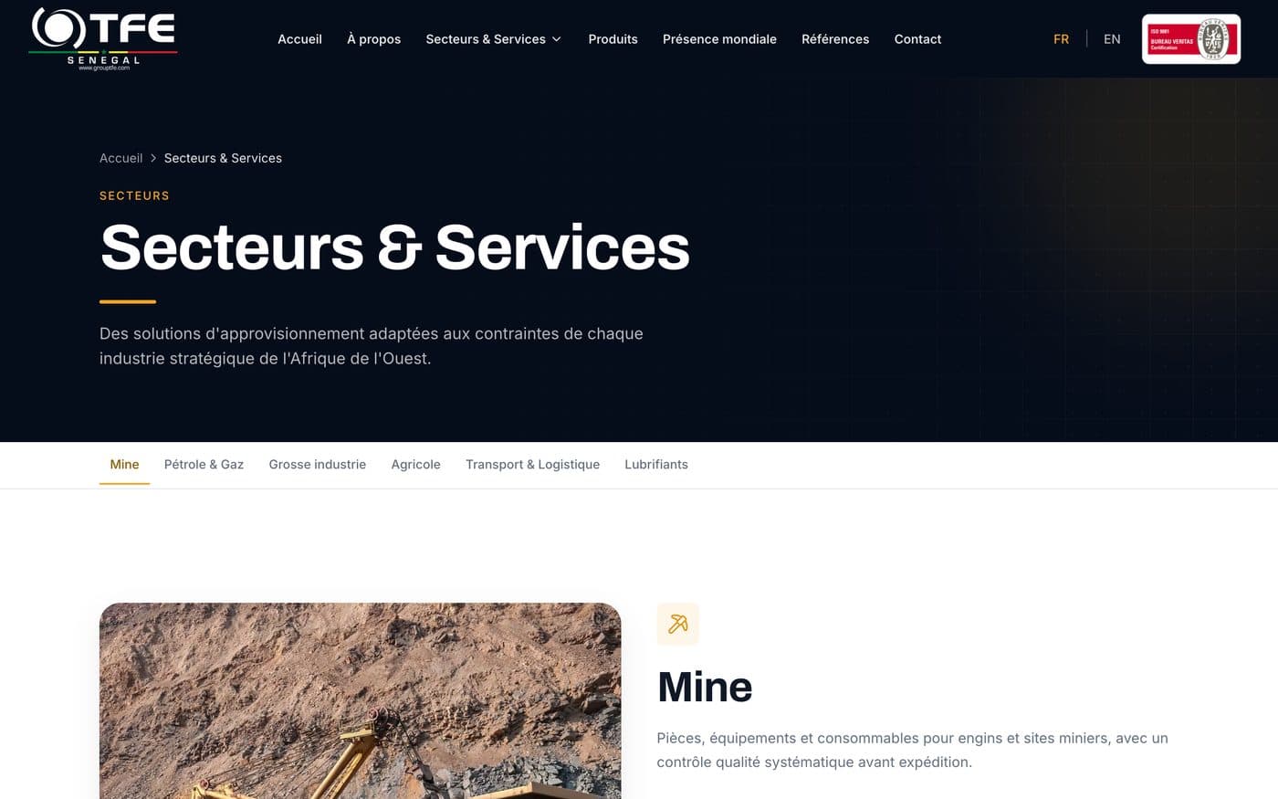 Page Secteurs & Services du site de TFE Sénégal