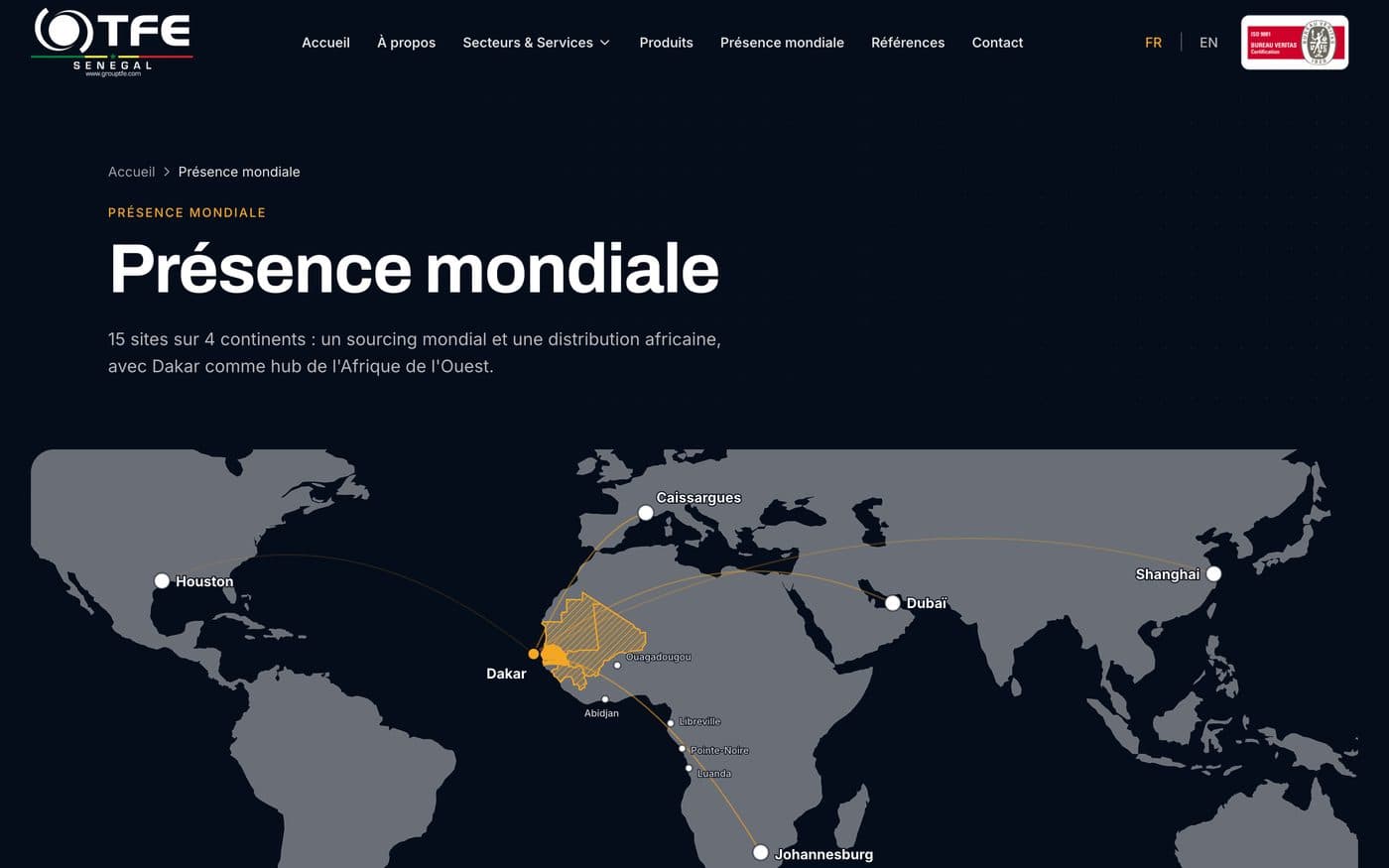 Page Présence mondiale : carte du réseau du Groupe TFE, qui converge vers Dakar