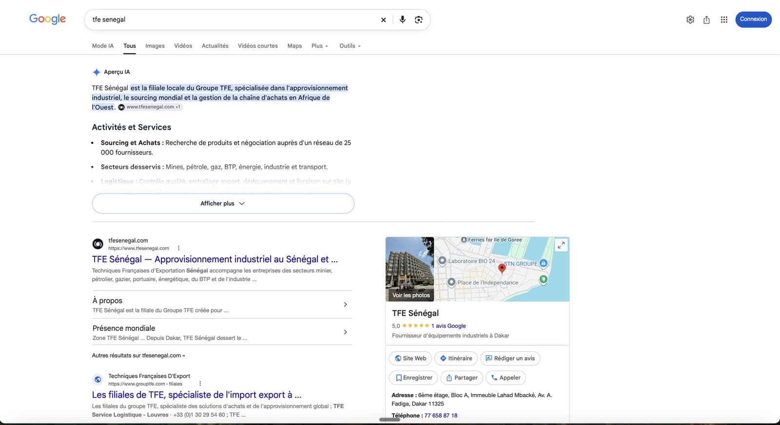 Résultats de recherche Google pour « tfe senegal » : le site de TFE Sénégal en premier résultat, avec sa fiche d'établissement à droite