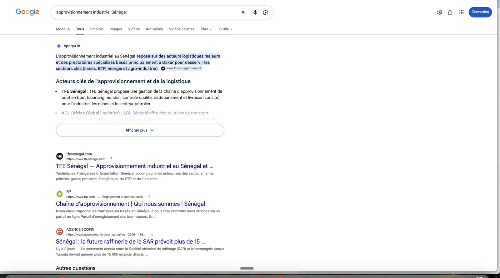 Résultats de recherche Google pour « approvisionnement industriel Sénégal » : le site de TFE Sénégal en premier résultat