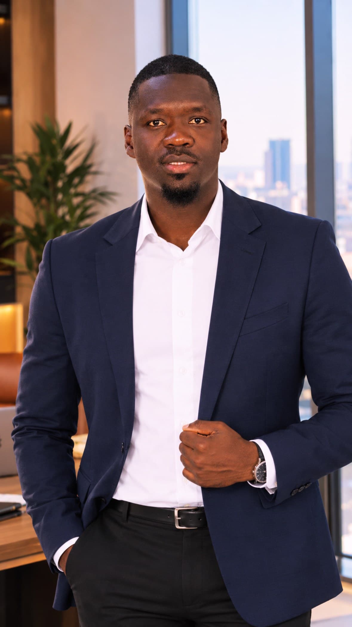 Portrait de Matar Fanta Dieng, en blazer marine et chemise blanche, dans un bureau