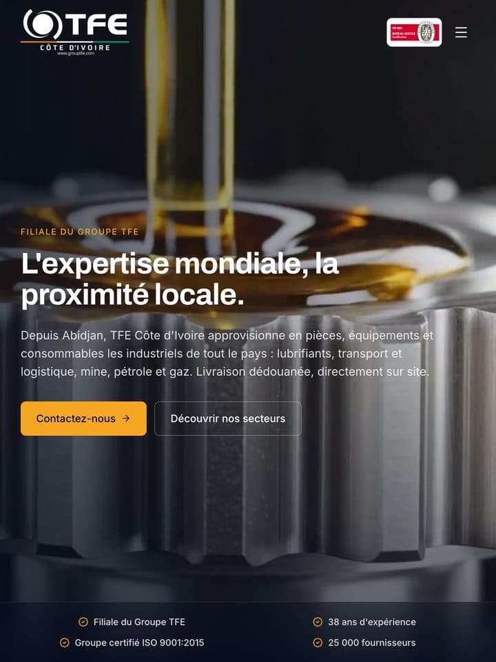 Page d'accueil du site de TFE Côte d'Ivoire sur tablette