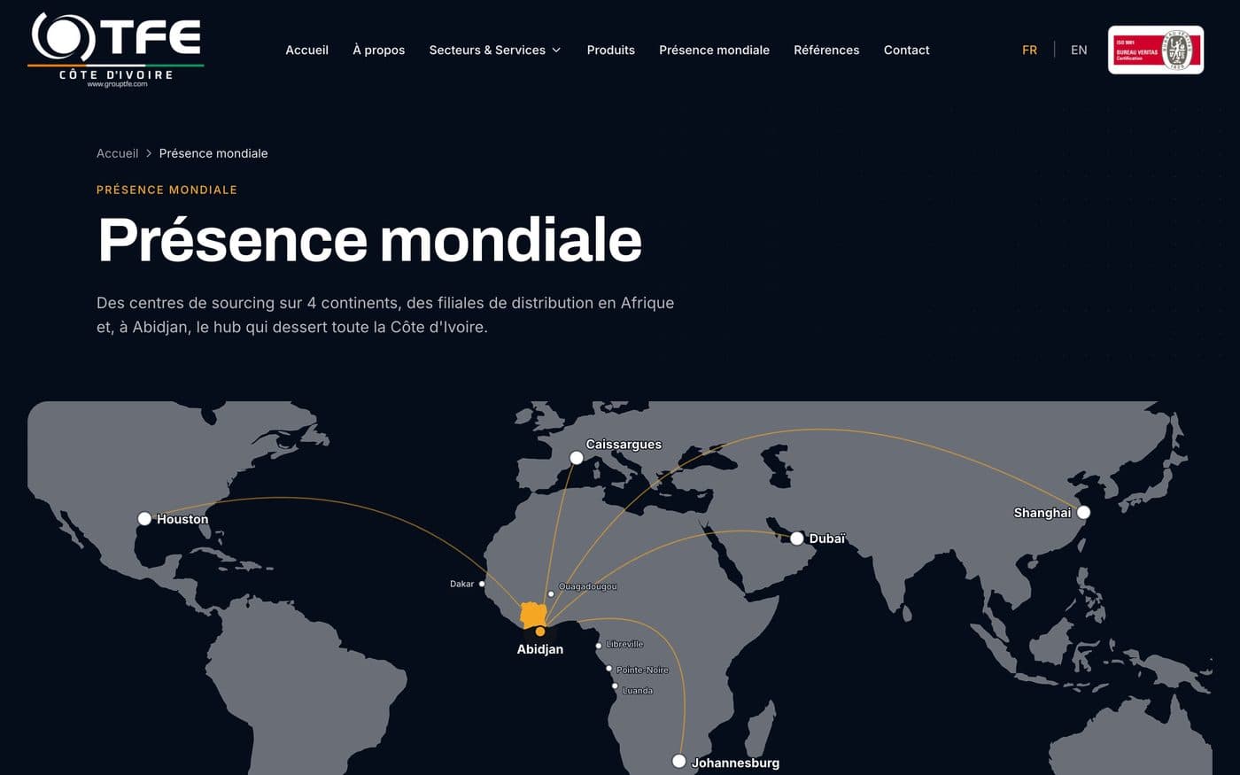 Page Présence mondiale : carte du réseau du Groupe TFE, avec Abidjan