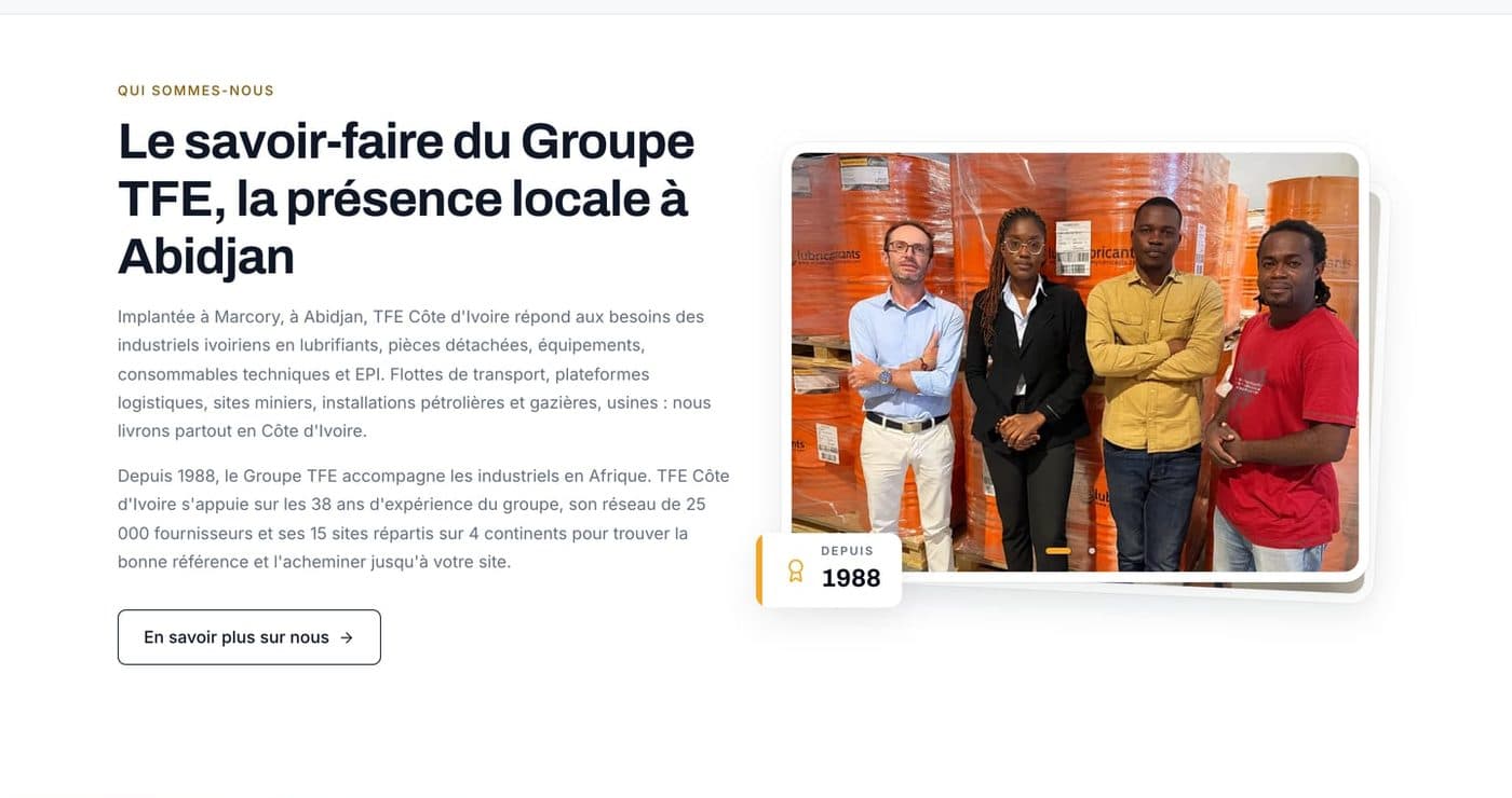 Section Qui sommes-nous, avec la photo retouchée de l'équipe de TFE Côte d'Ivoire